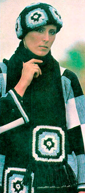 Черный берет и шарф с квадратными мотивами - www.klubochek.org