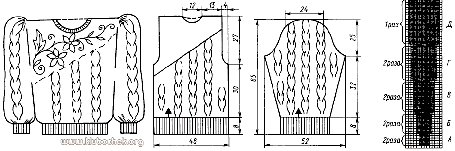 Джемпер с узором «косы» и аппликацией. Выкройка, схема узора - www.klubochek.org